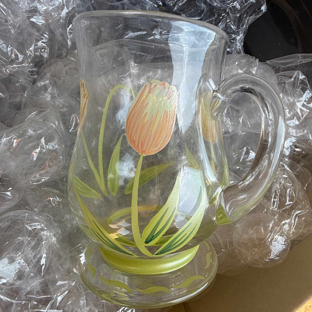 Princess House Crystal Pitcher, 9 oz #6482, Hand Painted Cottage Tulip in Box